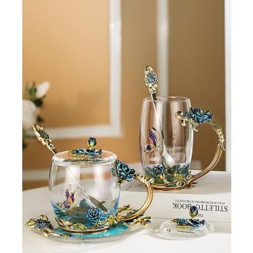 European Style Enamel Glass Cup Coffee Milk Drink Flower Tea Cup Set With Lid Spoon Gift Box Couple Friends Cup Heat-resistant