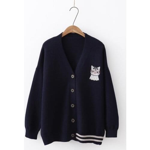 Japanese JK Embroidery Sweet Student Cute Cat V-neck Cardigan Female Autumn and Winter Sweater Coat Female Harajuku Tops