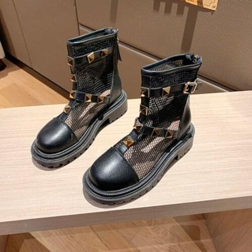 Womens single boots 2021 summer new wild round head thick bottom lace-up net red temperament short tube fashion boots