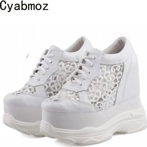 Cyabmoz Height increasing Shoes Woman Sneakers Summer Breathable Hollow Lace Platform Women High heels Pumps Party Ladies Shoes