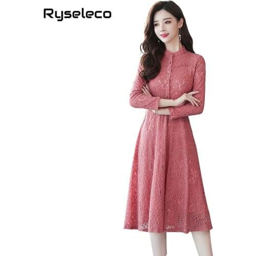 2018 Autumn Winter New Women Quality Lace Dress Floral Crochet Hollow Out Flare Vestido Casual Office Party Long Sleeve Dresses