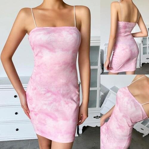 2020Women Summer Tie-Dye Sexy Sleeveless Spaghetti Strap Bodycon Slim Slip Dress Off Shoulder Long Sleeve Slim Elastic dress