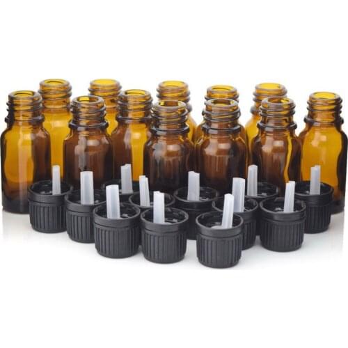 12pcs 1/3 Oz 10ml Amber Glass bottles w/ euro dropper orifice reducer black tamper evident cap for essential oil aromatherapy