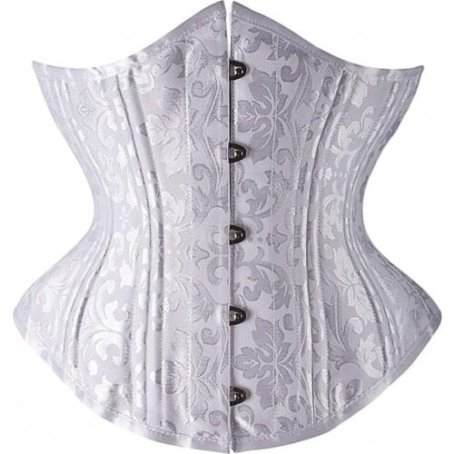24 Double Steel Boned Lace Up Goth Steampunk Bustier Brocade Waist Training Cincher Corset White Black Lingerie Plus Size XS-6XL