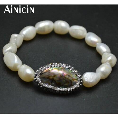 5pcs New Arrival Natural Beige Natural Freshwater Pearl With Rhinestone Paved Abalone Shell Bracelets For Women Jewelry