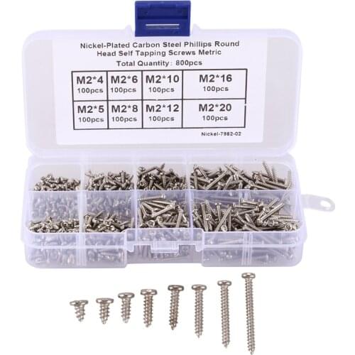 800Pcs/Set M2 Screw Carbon Steel Cross Drive Pan Head Self Tapping Screws orted Fastener M2X4/5/6/8/10/12/16Mm/20Mm