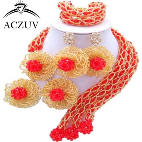 ACZUV Latest Red and Gold Crystal Fashion African Beads Jewelry Set 2017 Nigerian Necklace Wedding Accessories C3F007