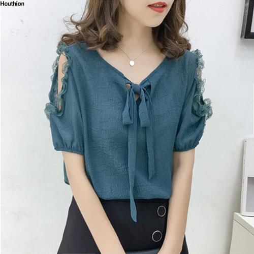 New Chiffon Womens Blouses Short Sleeve Fashion Top V-neck Woman Shirt Korean Solid Casual Blouse Slim Tops Lace Regular