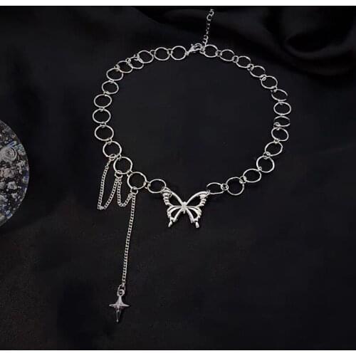 Clavicle Choker Personality Punk Butterfly New Link Chain Necklace Women Necklaces 2021 Women Jewelry Hollow Circle Long Tassel