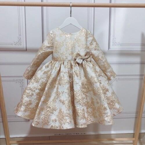 Girl Children Wedding Dresses Golden Lace First Communion Formal Princess Prom Party Gown Baby Girl Long Sleeve Baptism Costume