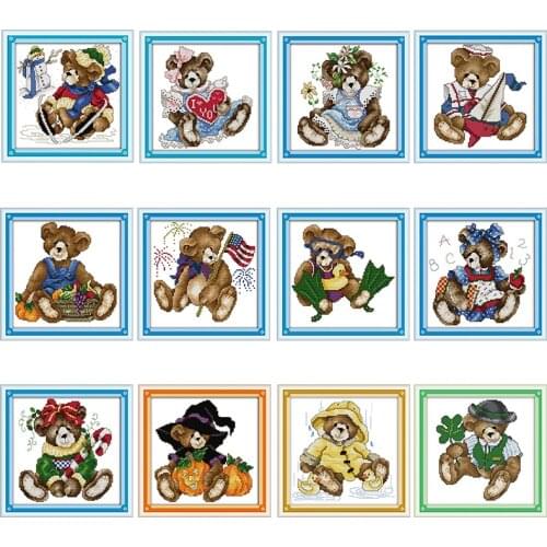 Joy Sunday Cross Stitch Kits Month Bear Patterns Counted Printed Canva 11CT 14CT Print Stamped Fabric Needlework Embroidery Sets