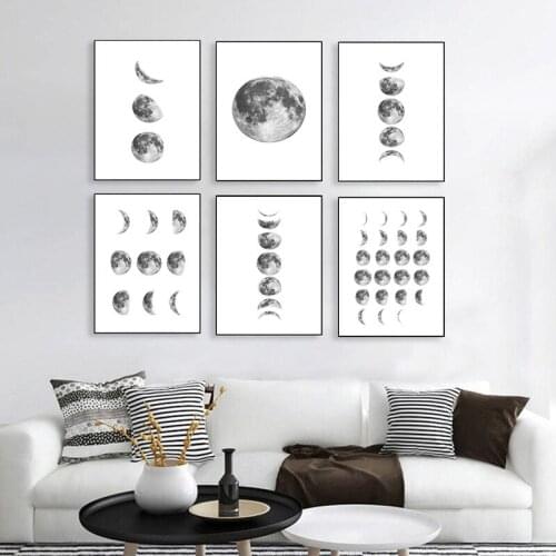 Black White Moon Canvas Painting Nordic Wall Art Picture Moon Phases Canvas Print and Poster Scandinavian Art Wall Decor TB84