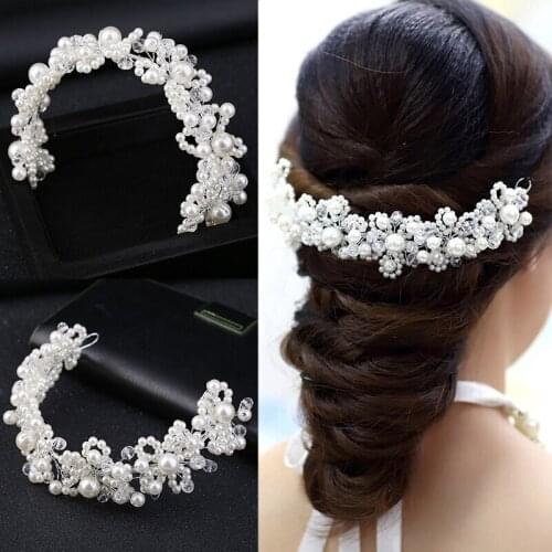 Fashion Wedding Hair Accessories Pearl Haedbands for Bride White Crystal Tiara Floral Elegant Bridal Hair Jewelry