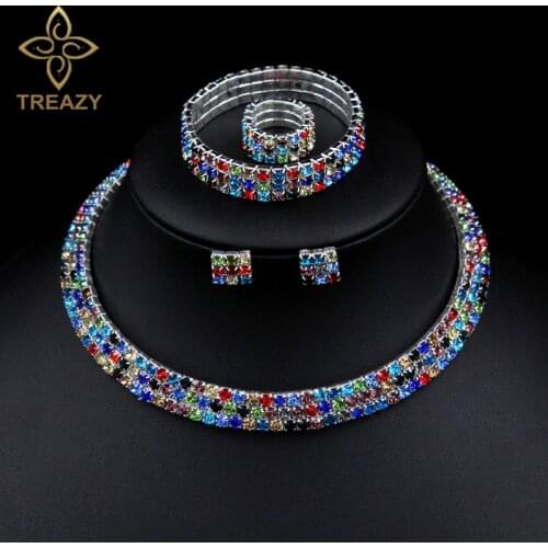 TREAZY Classic 3 Row Rhinestones Colorful Crystal Necklace Earrings Bracelet Ring Bridal Wedding Jewelry Set African Jewelry Set