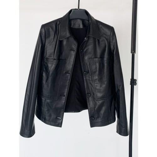 2021 Spring New Product Short Leather Jacket Female Sheepskin Motorcycle Square Collar Leather Jacket Was Versatile Jacket