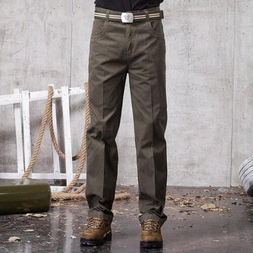 New Cotton Casual Pants Men Classic Style Straight Loose Middle Waist Elastic Trousers Male Army Green Clothes