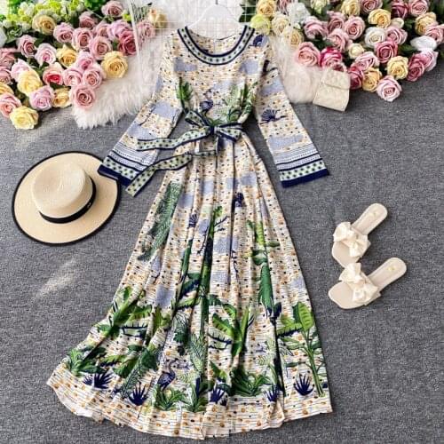 Autumn Women Dress Tribal Floral-Printed O-neck Long Sleeves Swing A-line Long Dress Ladies Casual Drawstring Flower Dress