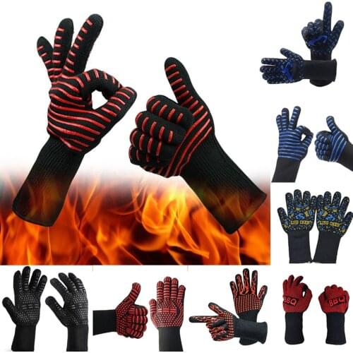 Unisex Grill Gloves Heat Resistant Hand Gloves Stripe Printed Full Finger Mittens Non-slip Cooking Baking Barbecue Oven Glove