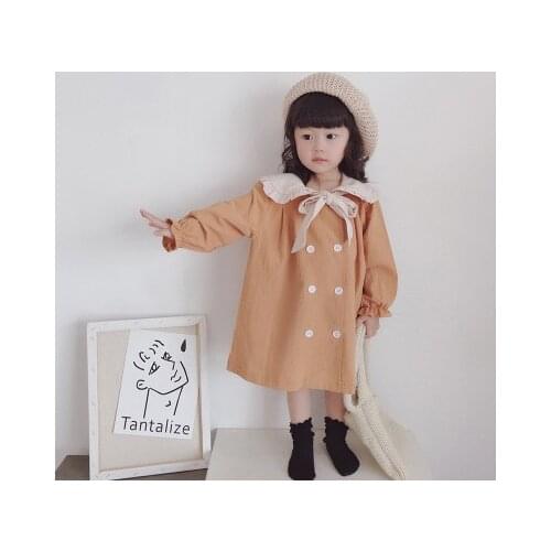 1-6 Y Toddler Girls Dress Autumn New Childrens Long Sleeve Dress Korean Style Bow Double Breasted Dress for Girls Kids Clothing