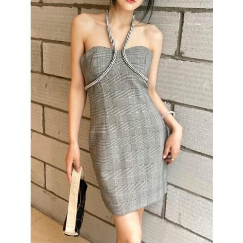Sexy 2021SS Summer New Women Plaid Diamonds Halter Strapless Slim Dress For Ladies SN 5.20