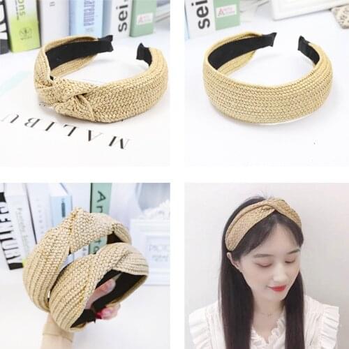 1PC Bohemian Summer Straw Braided Top Knot Headband Solid Color Rattan Handmade Headband Beach Hair Accessories