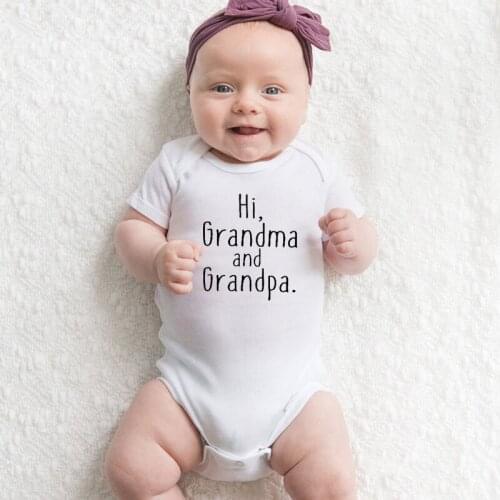 Hi Grandma and Grandpa Cotton Baby Girl Romper Summer Short Sleeve Funny Print Jumpsuit Toddler Outfits