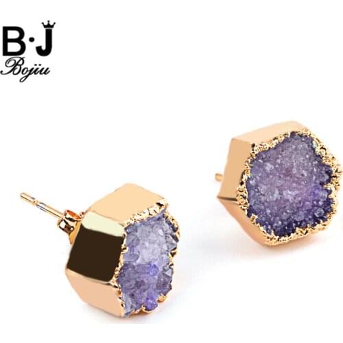 Bojiu Crystal Druzy Earrings Hexagon Electroplated Gold Metal Natural Stone AB Color Quartz Exquisite Fashion Gifts brinco EA021