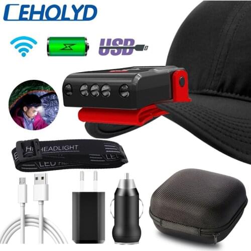 Led Headlamp Sensor Cap Light Smart Multifunction Build-in Battery USB Rechargeable Head Flashlight Headlight Bulbs Lamp Torch