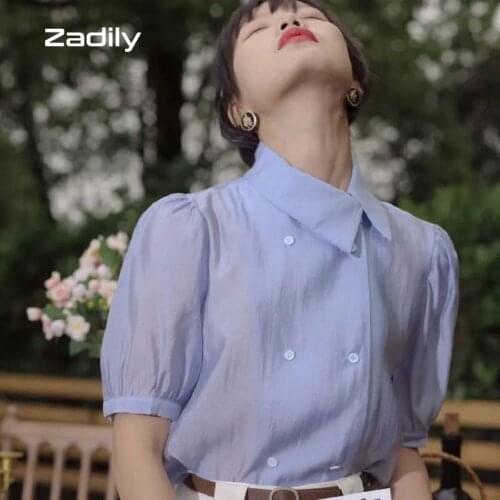 Zadily Chic Korean Short Sleeve Chiffon Work Shirt Office Lady Double Breasted Button Thin Blouse 2021 Summer Female Clothing