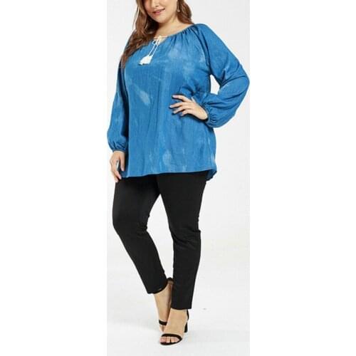 Autumn large size denim thin T-shirt womens 5XL 6XL 7XL 8XL 9XL bust 145CM casual lantern sleeves fashion tie dye