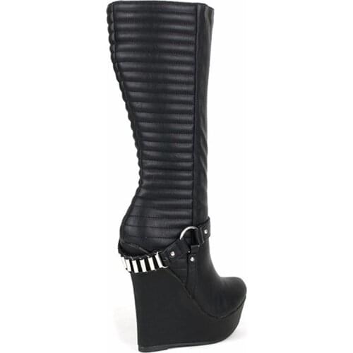 Fashion Woman Back Metal Chains Buckled Platform Super Wedge Mid-Calf Boots Pointed Toe Slip On Embossed Patchwork Boots Shoes