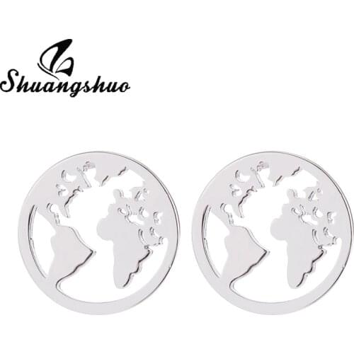 Shuangshuo Map Stud Earrings For Women Stainless Steel Earrings Round World Map Earrings Vintage Ear brincos Jewelry Gift