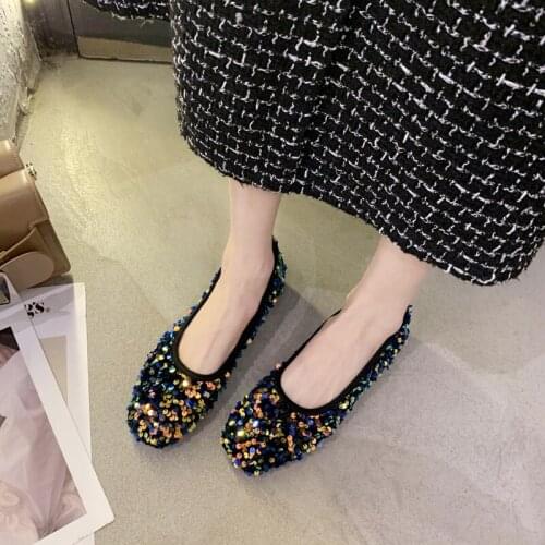 2021 New Spring Single Shoes Women Wild Women Shoes Flat Shallow Sequins Fashion Square Toe Lightweight Women Casual Shoes