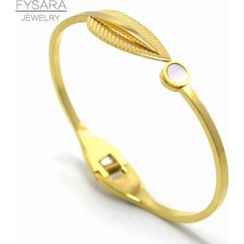 FYSARA Body Jewelry Natural Shell Leaf Cuff Bracelets & Bangles For Women Stainless Steel Solid Arm Bangles Bridesmaids Gift