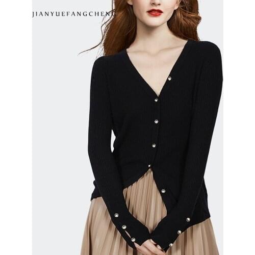 High Street Elegant V-Neck Women Black Wool Sweater Knitted Cardigan 2021 Autumn New Outwear Fashion Casual Warm Slim Sweaters