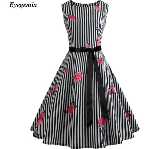 Women 50s 60s Retro Vintage Dress Summer Floral Print Rockabilly Swing Robe Femme Vestidos Sexy Party Audrey Dresses with Belt