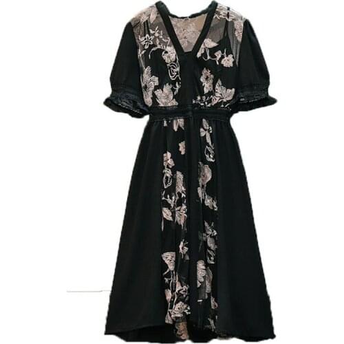 2021 Summer New Embroidery Elegant Pastel Vestidos Luxurious Splicing Sexy Plus Size Korean Black Dress Women Floral Print Robe