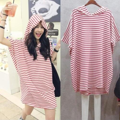 #2629 Cotton Striped Hoodies Tshirts Dresses Women Plus Size XXL Summer Casual Loose Mini T-shirt Dress Femme Batwing Sleeve