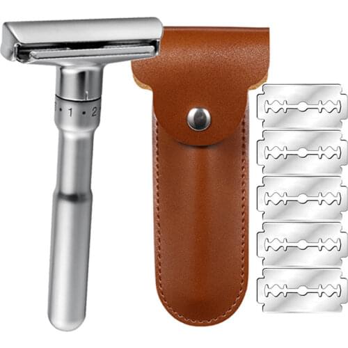 Full Zinc Alloy Safety Razor for Men Adjustable 1-6 Files Close Shaving Classic Double Edge Razors 1 Holder 5 Blades 1 Case
