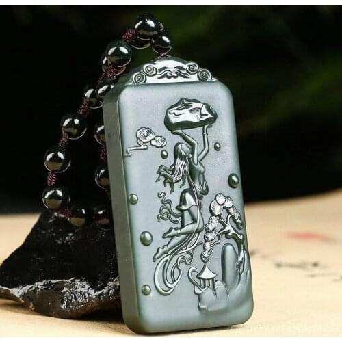 Wonderful Bottle Green Jade Amulet Pendant Nuwa Patching the Sky Totem Lucky Hanging Necklace Churinga