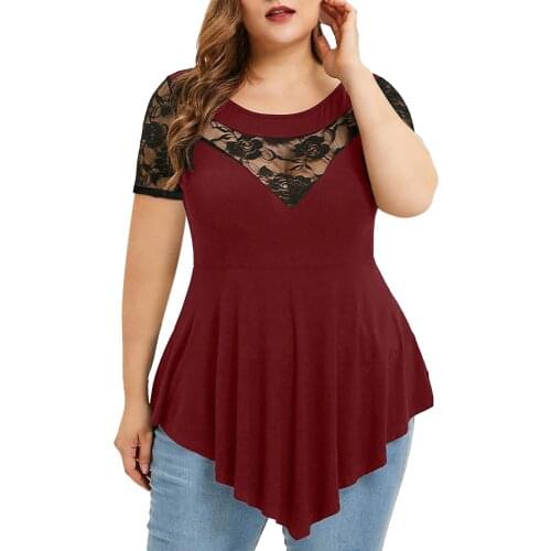 Elegant Plus Size Lace Tops Women Clothing Solid Floral Lace O-neck Asymmetric Tunic Shirts Lace Sleeve Tops Blouse Large Tunics