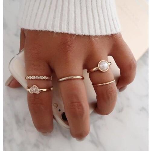 R017 Boho Vintage Gold Knuckle Heart Rings Set For Women Opal Crystal Midi Finger Ring 2020 Female Bohemian Jewelry Wedding Gift