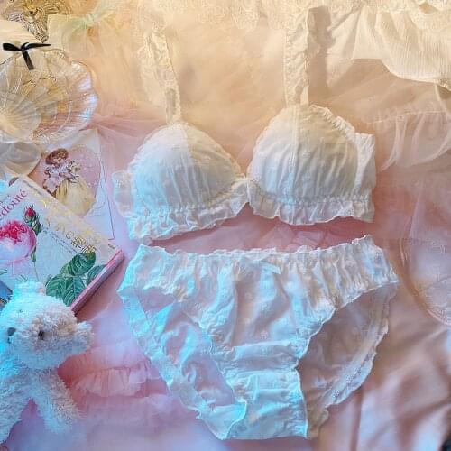 Cute Sweet Vintage Style White Bra & Panties Set Cotton Wirefree Soft Underwear Sleep Intimates Set Kawaii Lolita Mori Girl