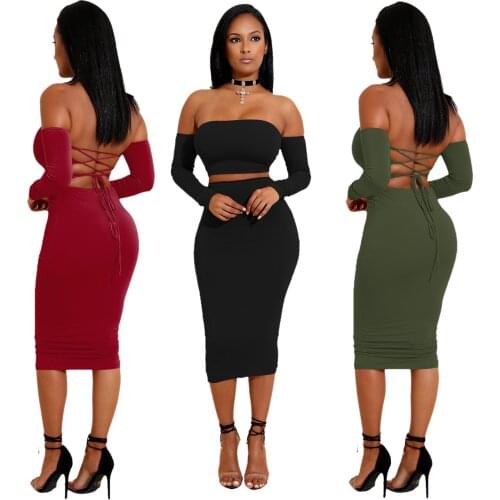Echoine Off Shoulder Backless Bandage Lace Up Crop Top Midi Skirt Set Sexy Skinny Two Piece Set Long Sleeve Party Club Outfits