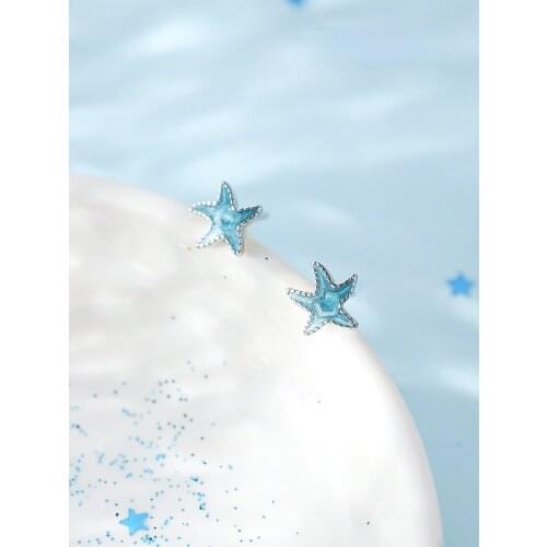 Silver Plated Lovely Blue Starfish Stud Earrings Elegant Girl Party Anti Allergy Stud Earrings Fashion Womens Wedding Jewelry