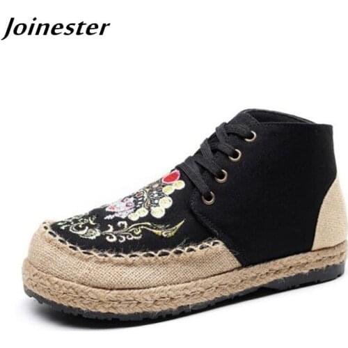Women Cotton Hemp Embroidered Casual Shoes Girls High-Cut Vintage Wide Toe Leisure Sneakers Lace-Up Non-Slip Flat Heeled Shoes