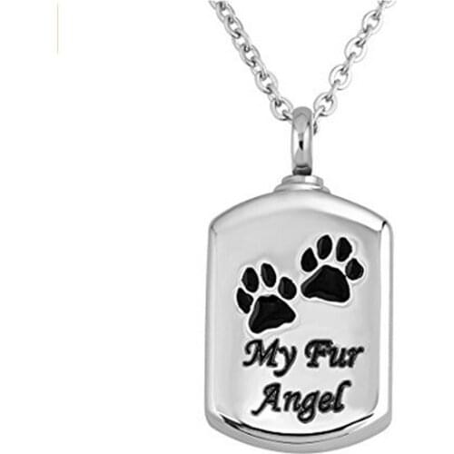 Pet Paw Print 'My Fur Angel' Stainless Steel Square Urn Pendant Memorial Ash Keepsake Cremation Jewelry