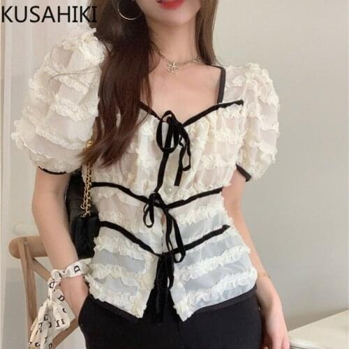 KUSAHIKI Korean Chiffon Hit Color Patchwork Shirt Puff Sleeve Square Collar Women Blouse Bow Tie Slim Short Top Blusas 6G372