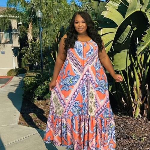 Summer Womens Dress 2021 Wholesale Floral Print Bohemian Maxi Dresses Sleeveless Ladies Casual Plus Size Dresses Dropshipping