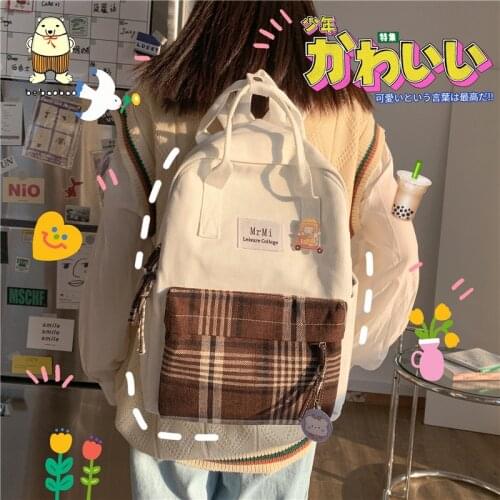 Beibaobao 2021 New Small Fresh Plaid School Bag Kawaii Bookbag Korean College Female Canvas Backpacks for School